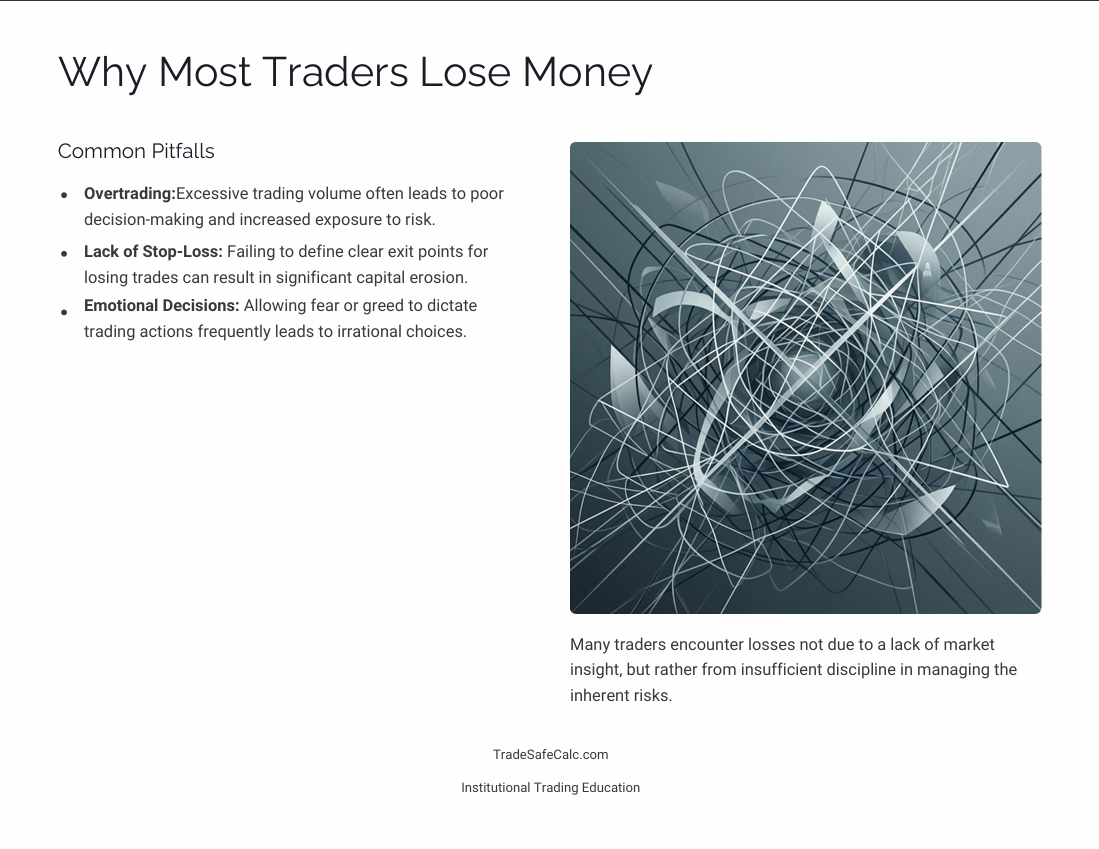 Common trading mistakes such as overtrading, missing stop-loss levels, and emotional decision-making by TradeSafeCalc